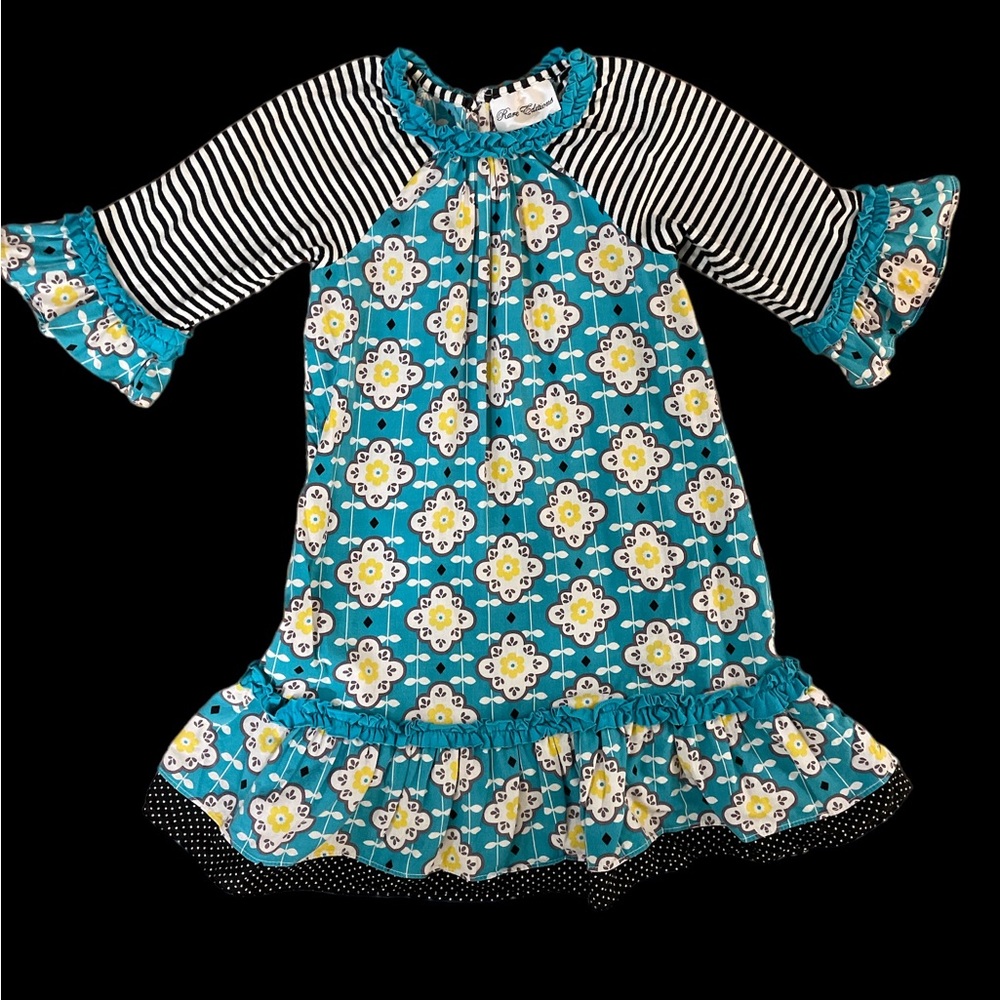 Rare Editions blue yellow black striped ruffled twirl long sleeve dress sz 6 sl